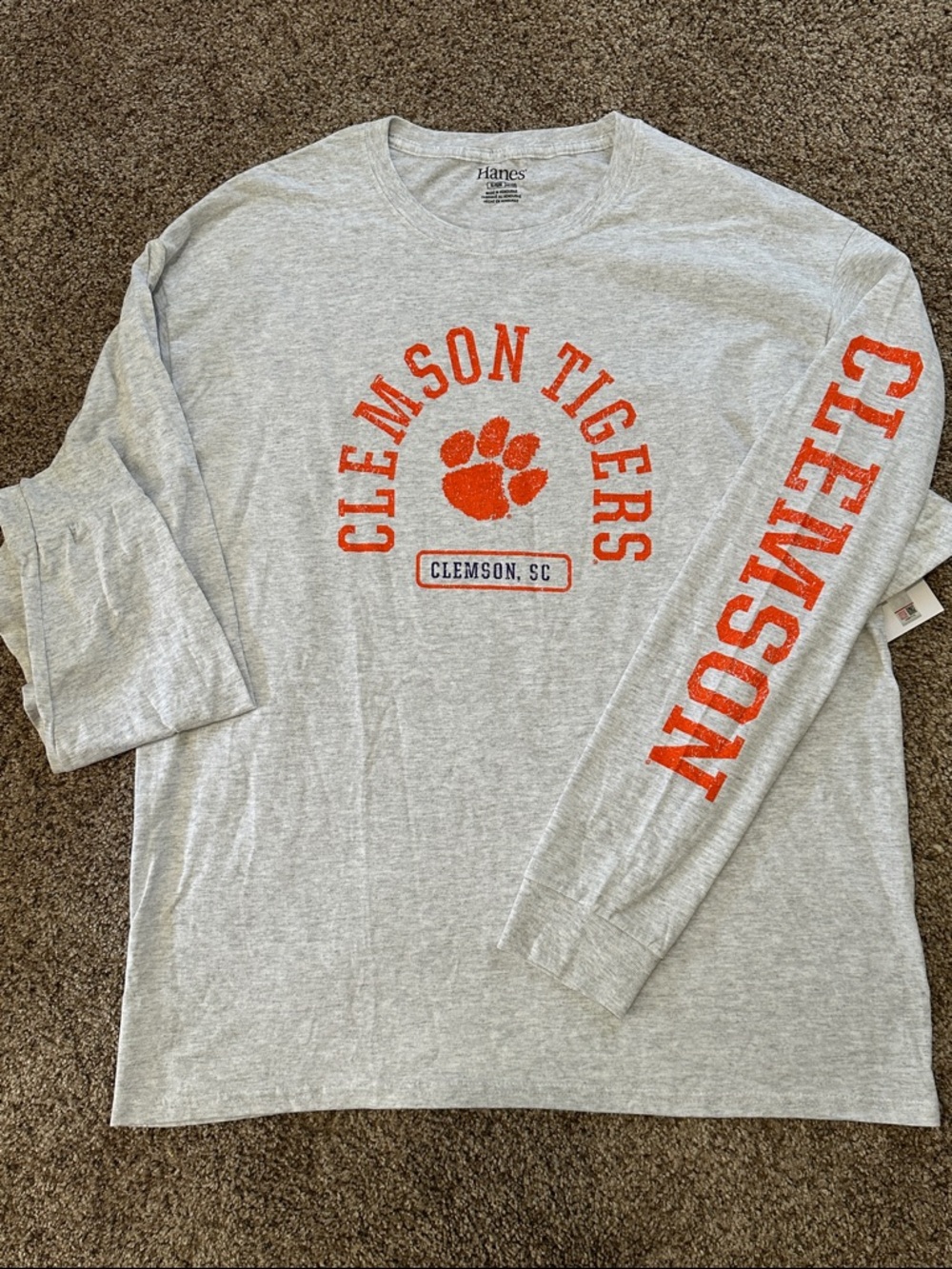 Hanes Light Gray Long Sleeve Clemson Tigers Tee with Orange Print